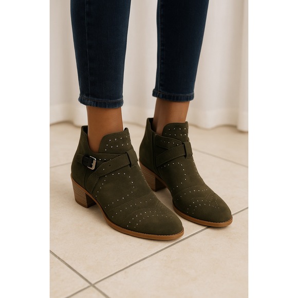 Studded Ankle Booties‎ Olive Green Buckle Accent Heeled Shoes - Picture 1 of 6